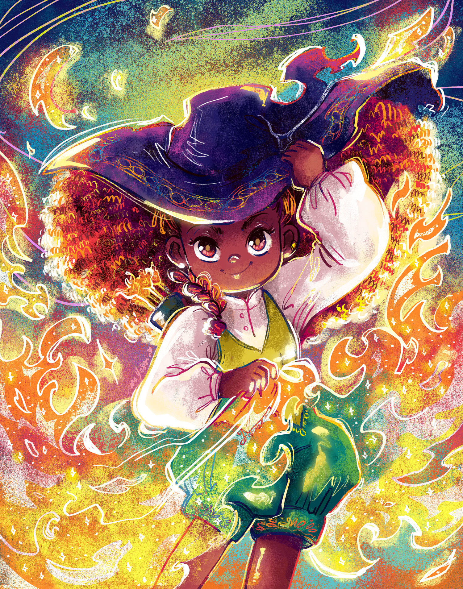 A young witch holding her hat and surrounded by flames