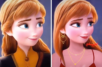 Princess Anna from Disney's Frozen side-by-side with Anna with her hair down and side-bangs, wearing a camisole top and fashionable gold jewelry