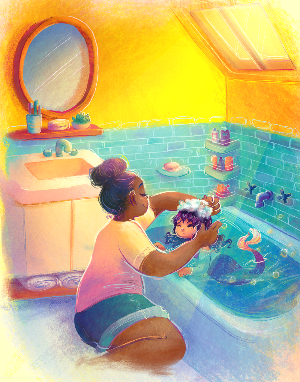 A mom washing her mermaid daughter&#x27;s hair in the bathtub