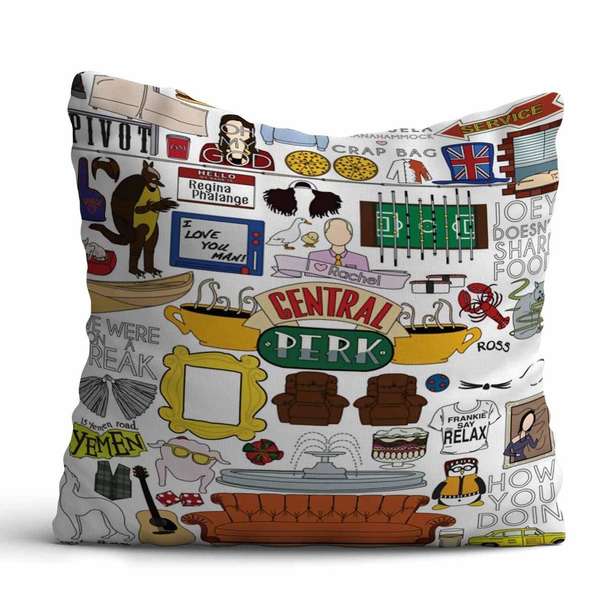 A pillow with Friends references on it
