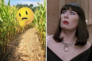 A think face emoji is placed in a corn field on the left with a witch looking funny on the right
