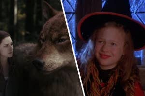 Bella and the wolf is on the left with a young girl wearing a witch costume on the right