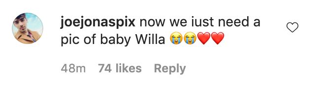 A comment that reads, &quot;Now we just need a pic of baby Willa&quot;