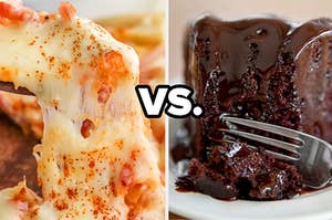 A deliciously cheesy pizza on the left and a moist piece of chocolate cake being cut into with a fork on the right