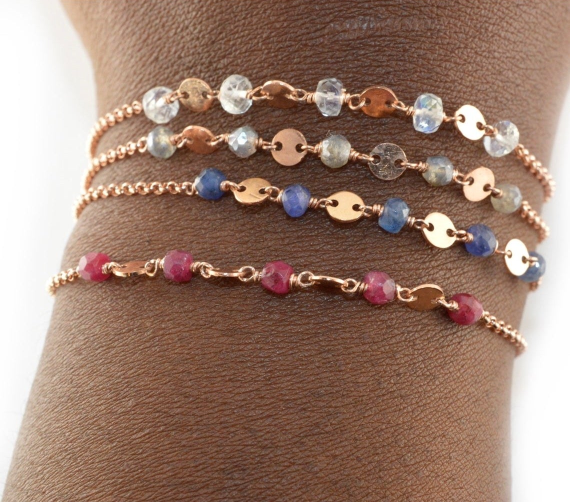 mini chain bracelets with tiny stones in different colors 