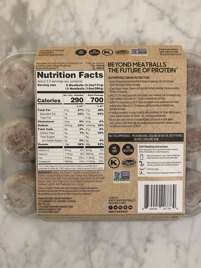 The nutrition label on the back of the Beyond Meat Meatballs packaging.