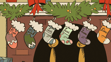 cartoon mom hangs up a ton of stockings 