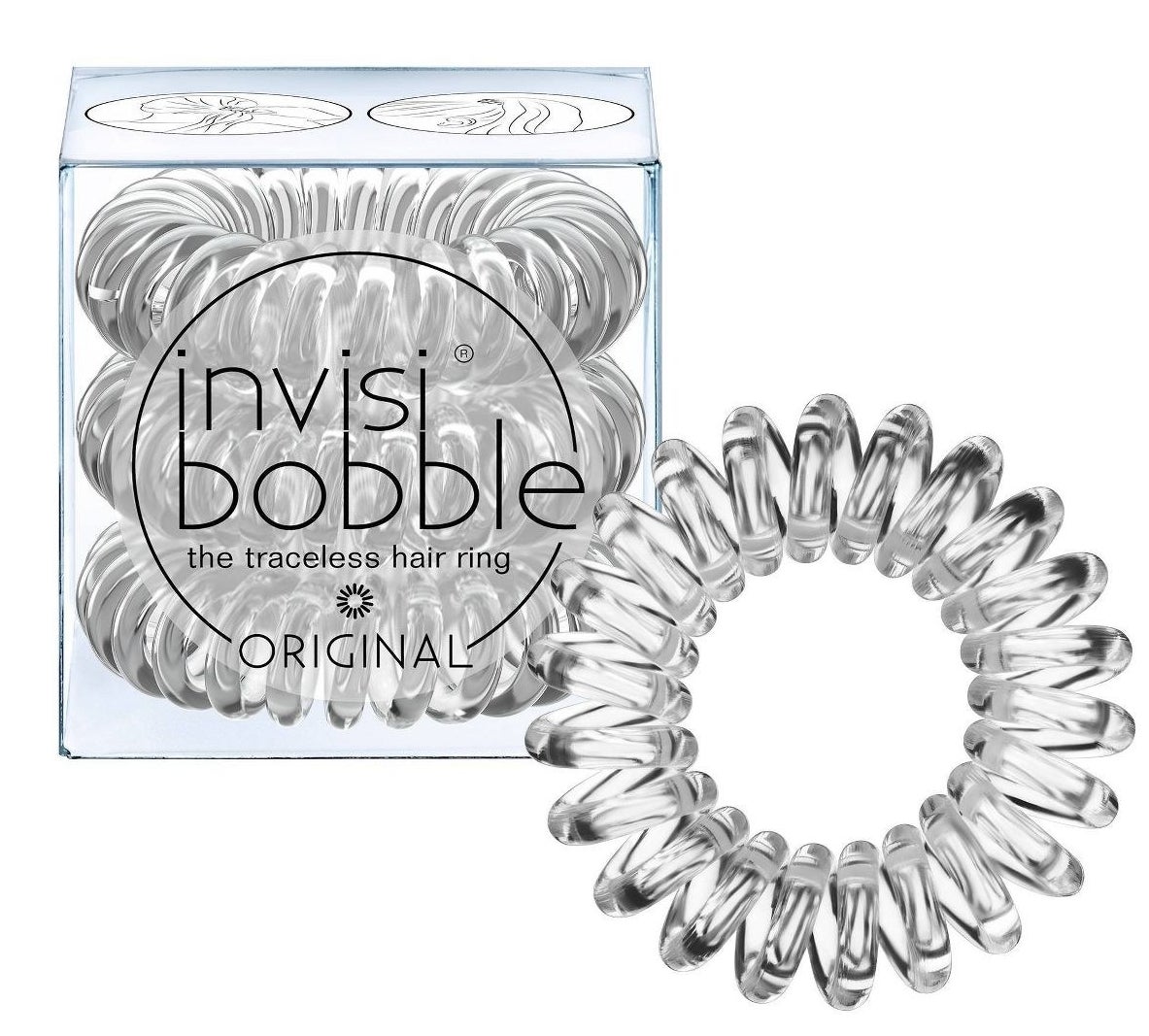The clear spiral hair ties in their packaging