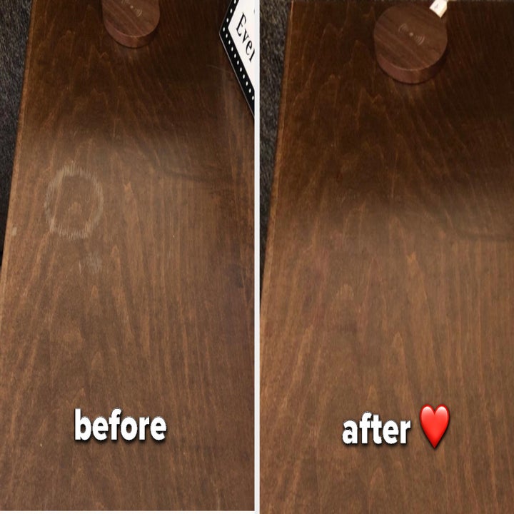 A before and after image of a ring stain on a table that was fixed with a marker 