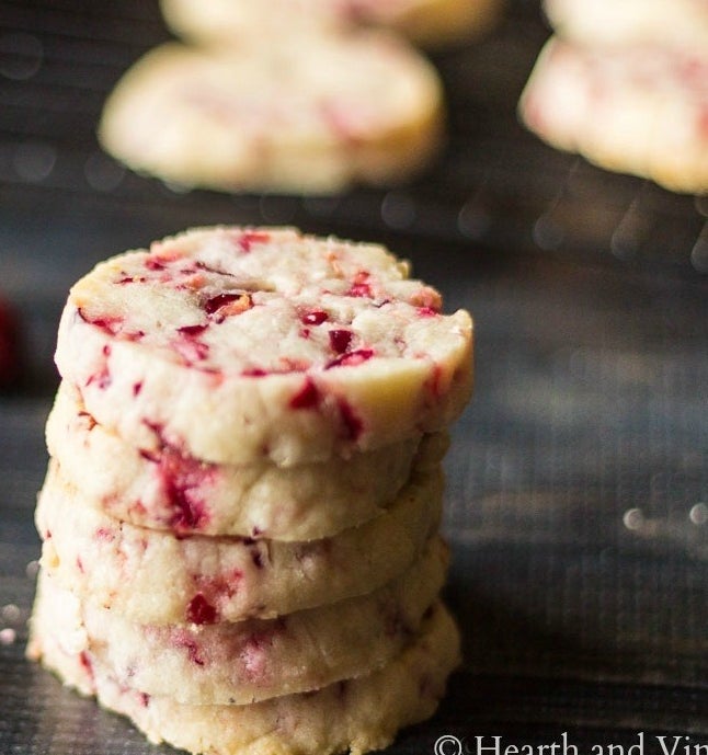 A stack of cranberry shortbread cookies.