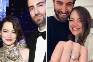 Emma Stone and Dave McCary smiling at an award show / Emma Stone and Dave McCary posing with Emma's engagement ring