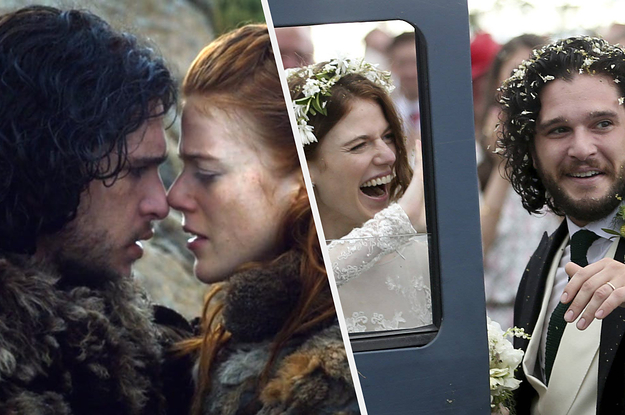 Jon Snow and Ygritte from Game of Thrones in a near-kiss / Rose Leslie and Kit Harington smiling on their wedding day