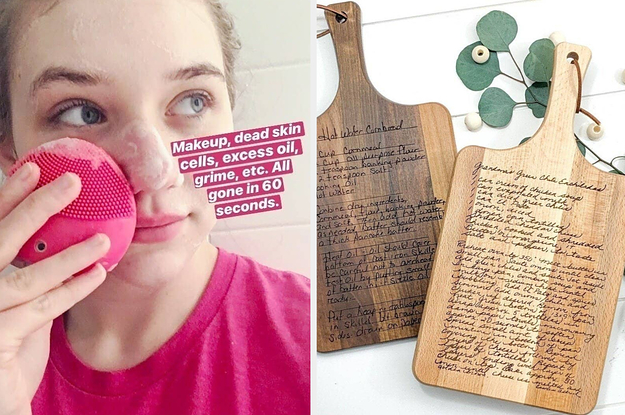On the left, a cleansing brush, and on the right, personalized cutting board