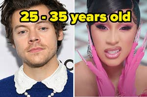 Harry Styles is on the left with Cardi B on the right labeled, "25-35 years old"