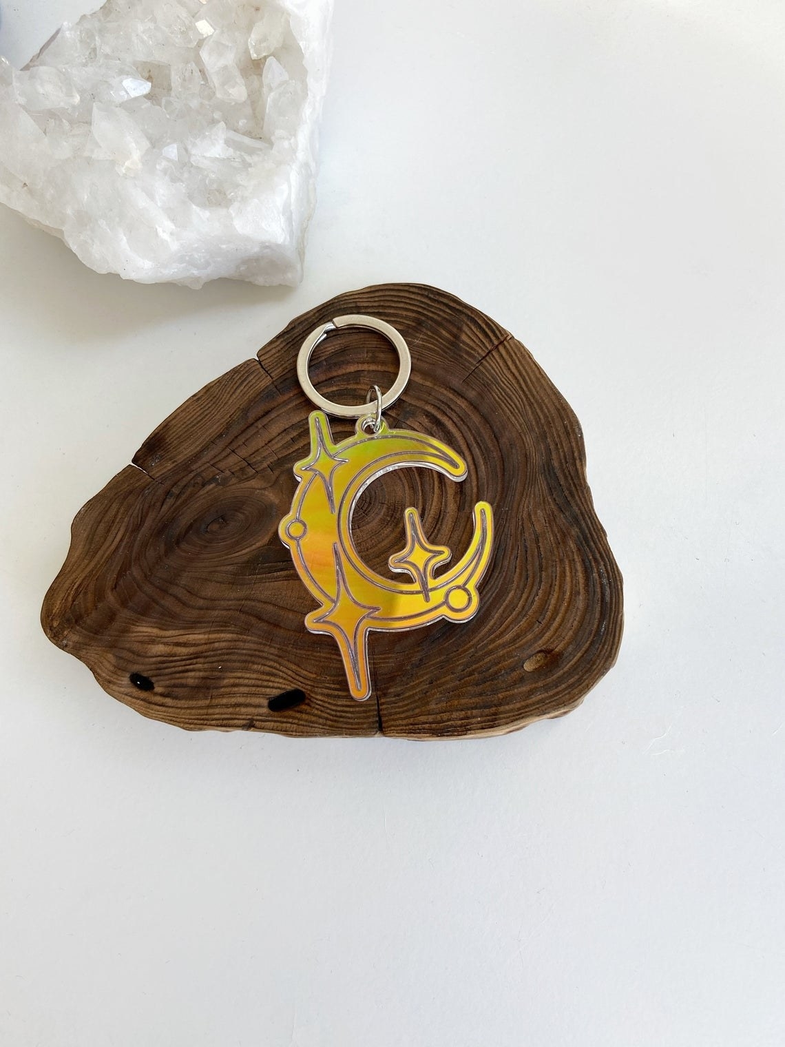 yellow crescent moon keychain with sparkles