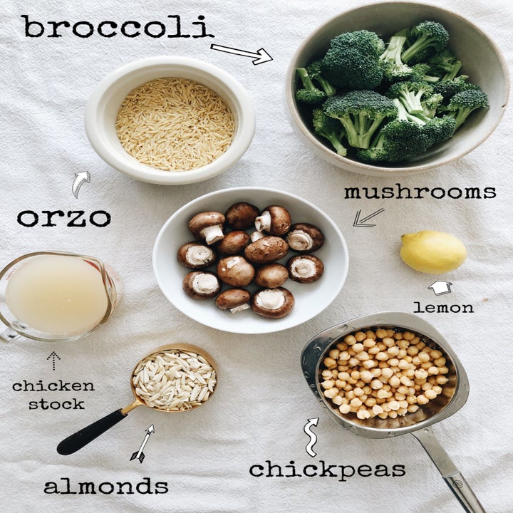 Orzo, broccoli, mushrooms, chickpeas, and almonds all in little bowls.