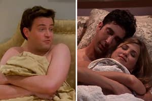 Chandler is on the left in bed with Ross and Rachel cuddled on the right