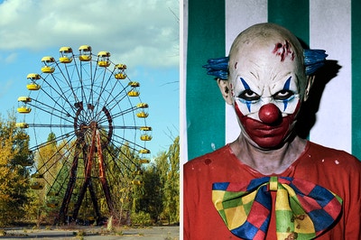 An abandoned ferris wheel is in front of trees and next to this image is a clown in dirty clothes