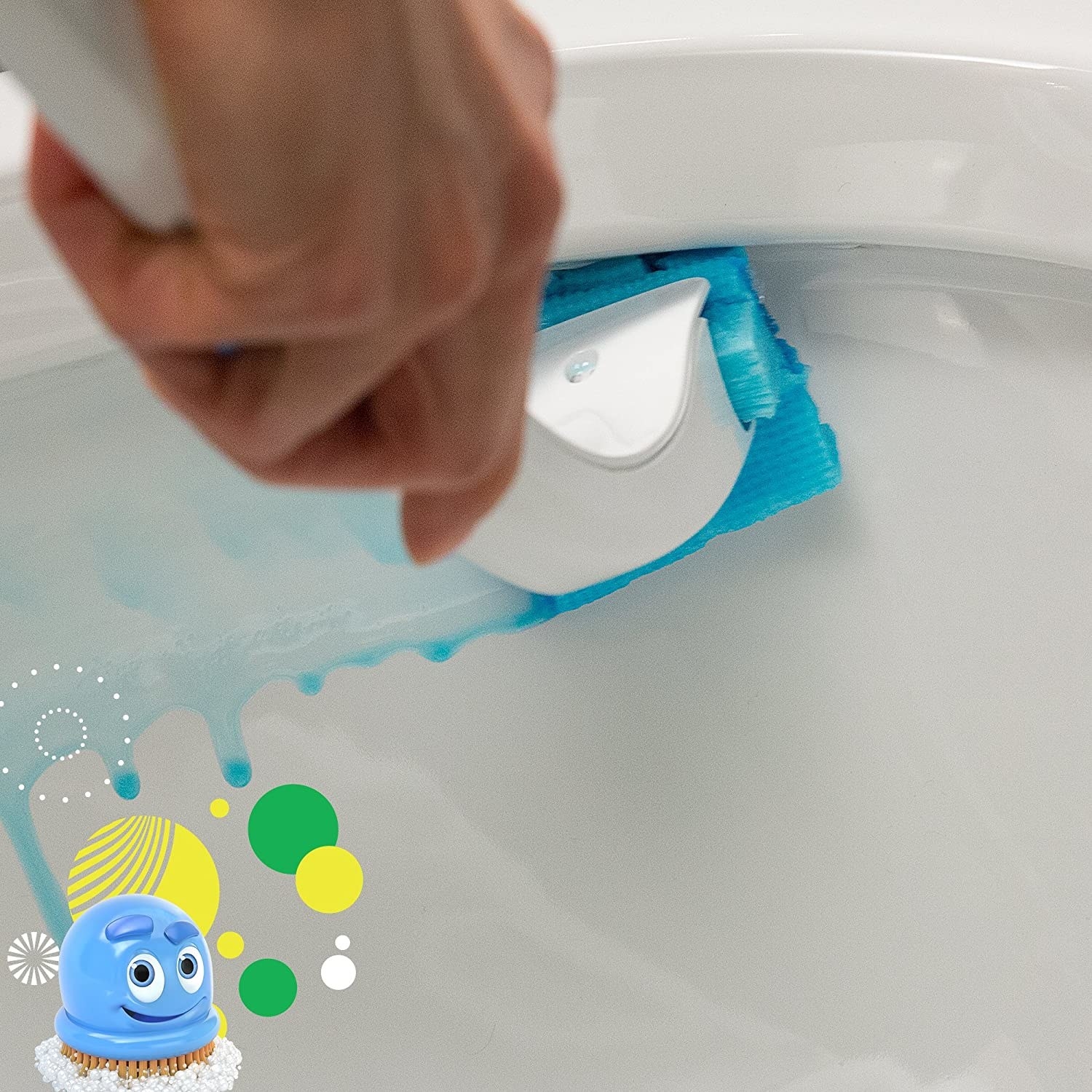 A hand cleaning a toilet bowl with the wand, with blue cleaning solution coming out of the pad