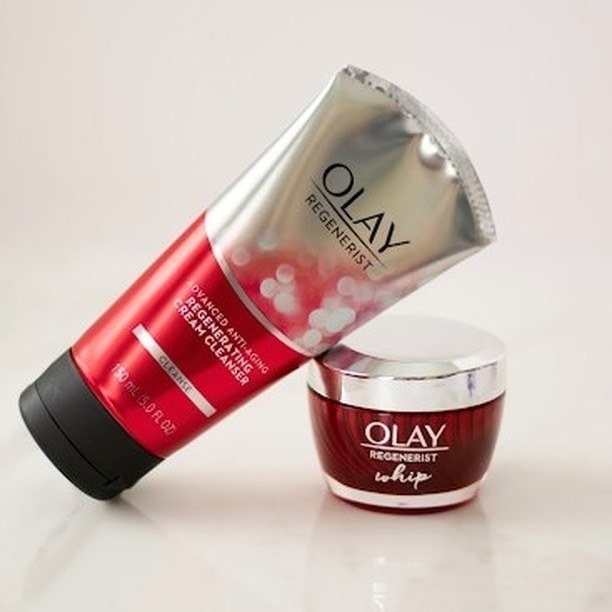 Olay cleanser and regenerist on a countertop