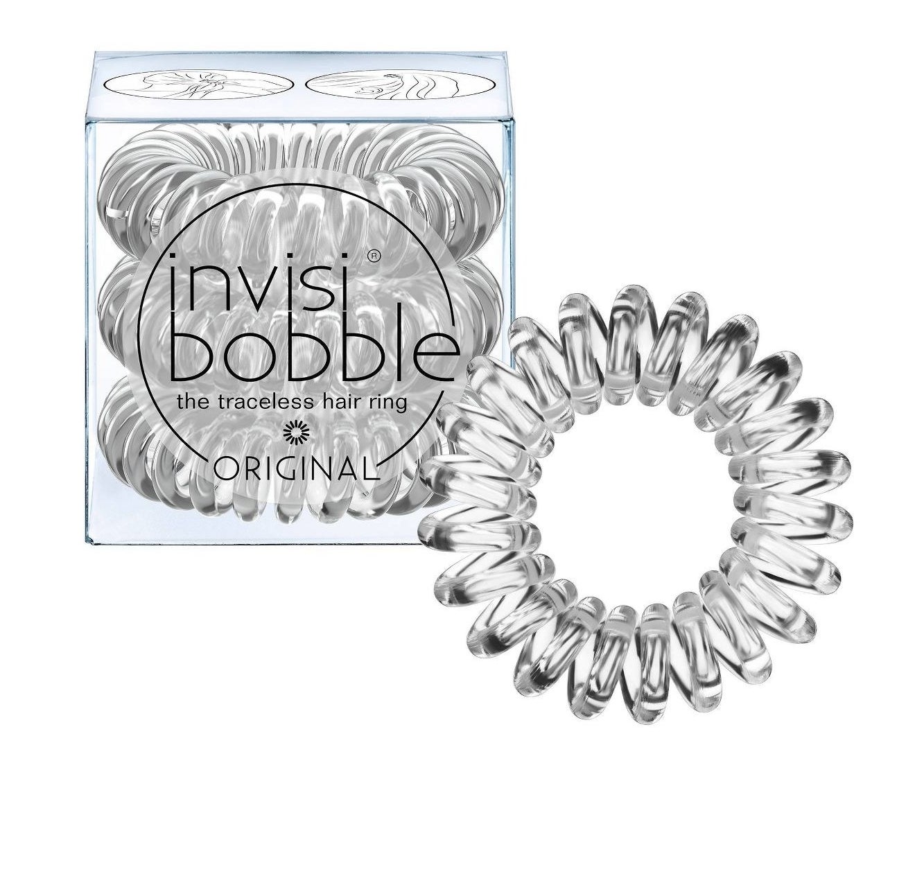 The clear spiral hair ties and their packaging