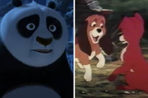 Po from "Kung Fu Panda" looking pensive next to an image of the titular characters from Disney's "The Fox and the Hound" playing together