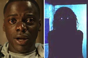 Close-up of a man who is crying, next to a silhouette of a ghostly woman with red eyes