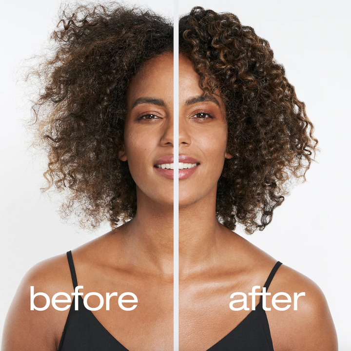 before and after, showing model's frizzy curls before product, then silky smooth curls after product