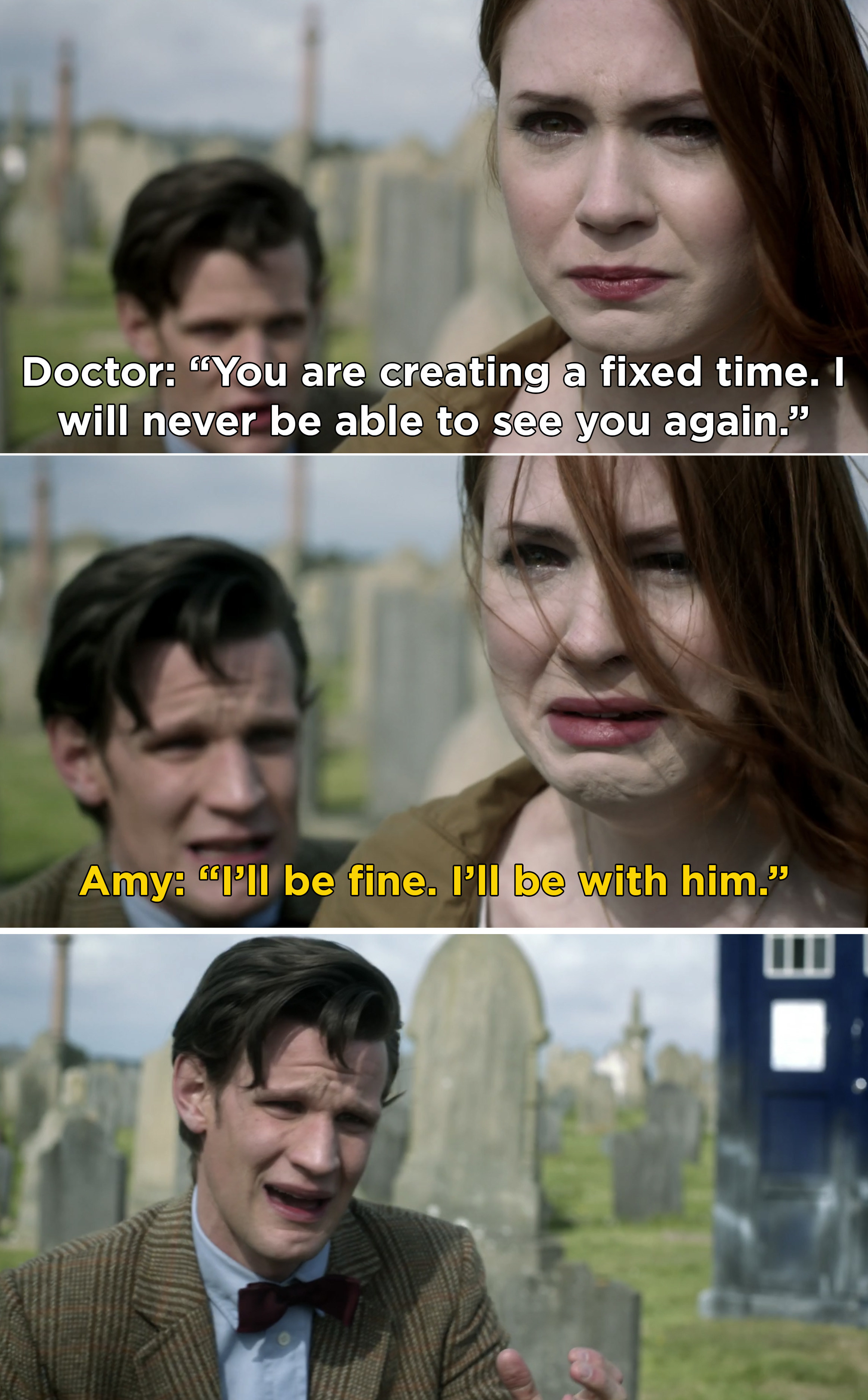 The Doctor pleading with Amy to stay, but Amy saying she&#x27;ll be fine