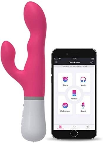 The LOVENSE Nora Rabbit Vibrator next to a Smartphone showing the Nora's Wireless Bluetooth capability