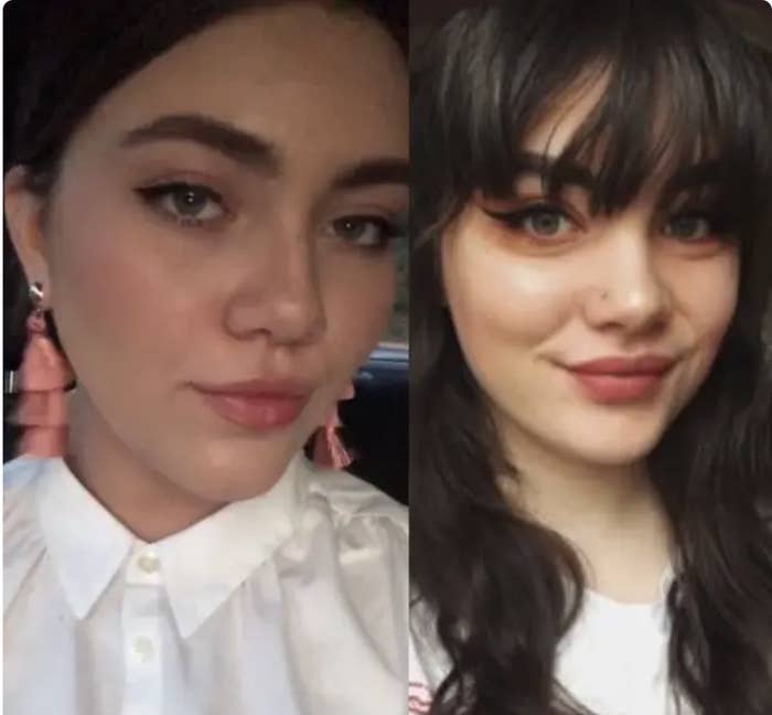 Two photos side-by-side of nearly identical looking brunette women