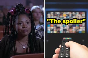 Regina Hall is sitting in a movie theater on the left with a person watching a movie on the right labeled, "The spoiler"