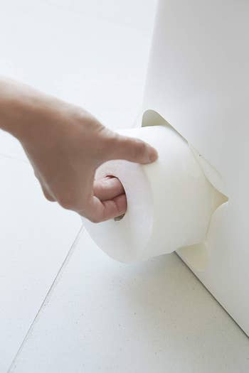 A person grabbing a toilet paper roll out of the dispenser