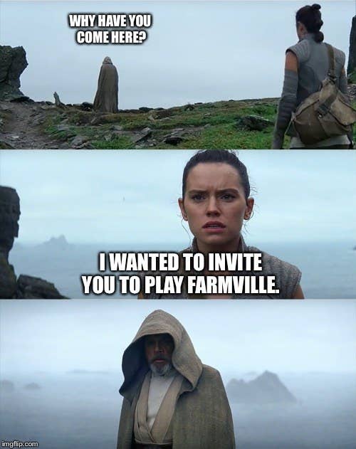 Rey finding Luke on Ach-To in &quot;Star Wars: The Force Awakens&quot; with text that has her asking him to play Farmville