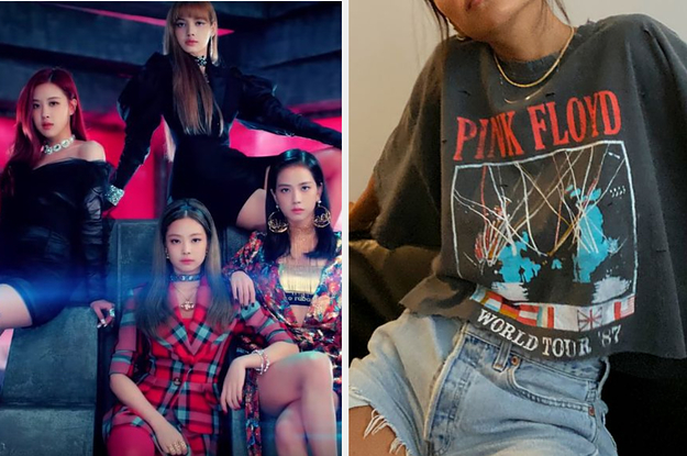 An image of Blackpink next to an image of an outfit with a pink floyd t shirt and shorts