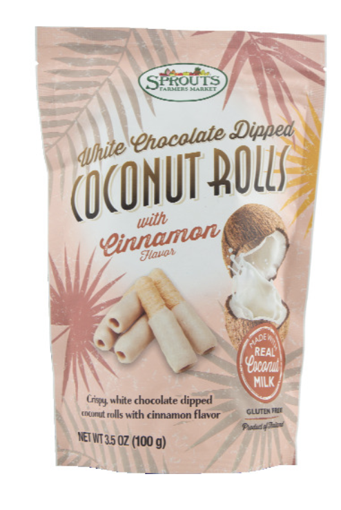 A bag of crispy white chocolate dipped coconut rolls with cinnamon.