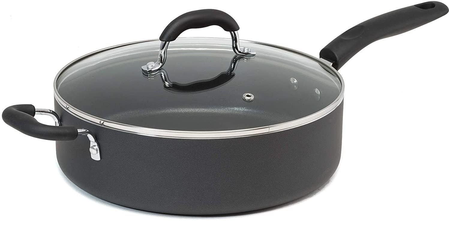 the sautee pan with a clear lid, long handle, and shorter handle on the other side