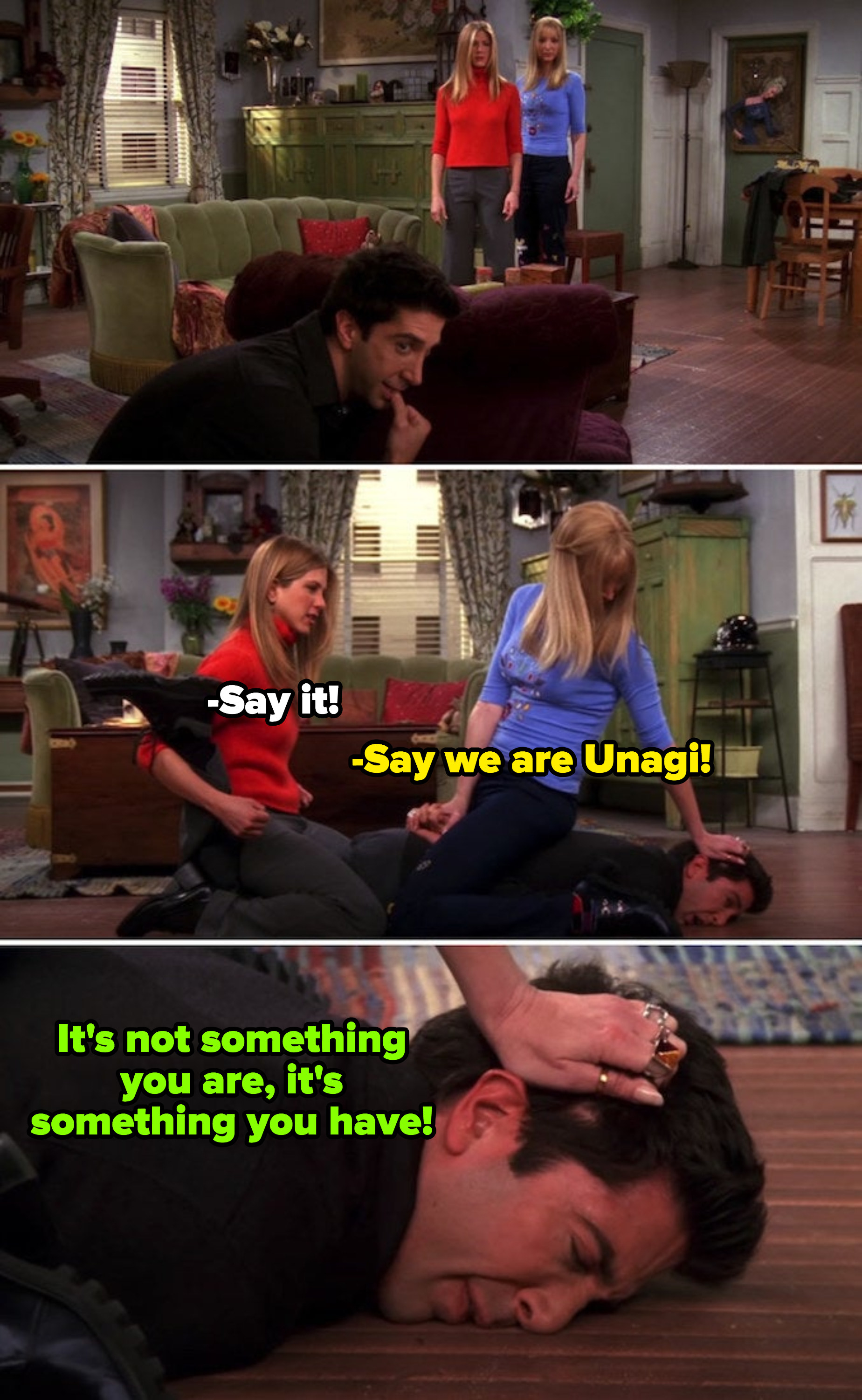 Rachel and Phoebe sitting on top of Ross in their apartment, telling him to say they&#x27;re &quot;Unagi&quot;