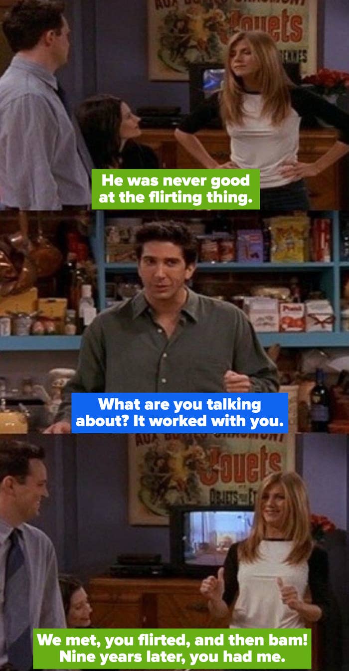 Rachel getting real about his flirting skills, telling him it worked on their relationship nine years after the fact