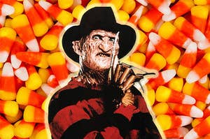 Freddy Kruger in front of a background of candy corn 