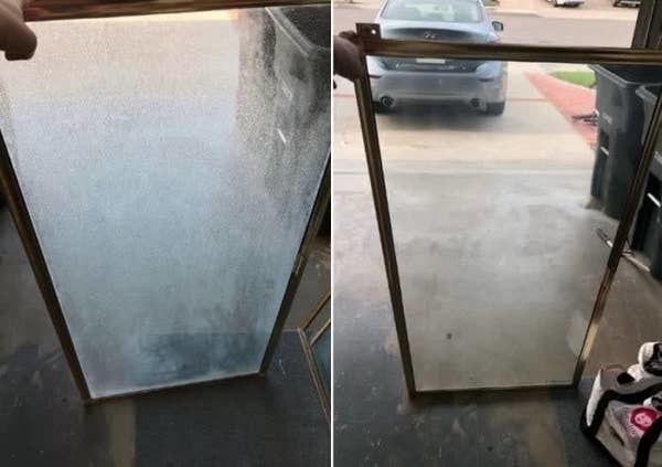 On the left, a piece of glass looking fogged up from hard water stains, and on the right, the same piece of glass now completely clear