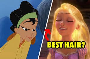 Chicha from emperor's new groove on the right and Rapunzel with glowing hair on the left and "best hair?" written underneath her