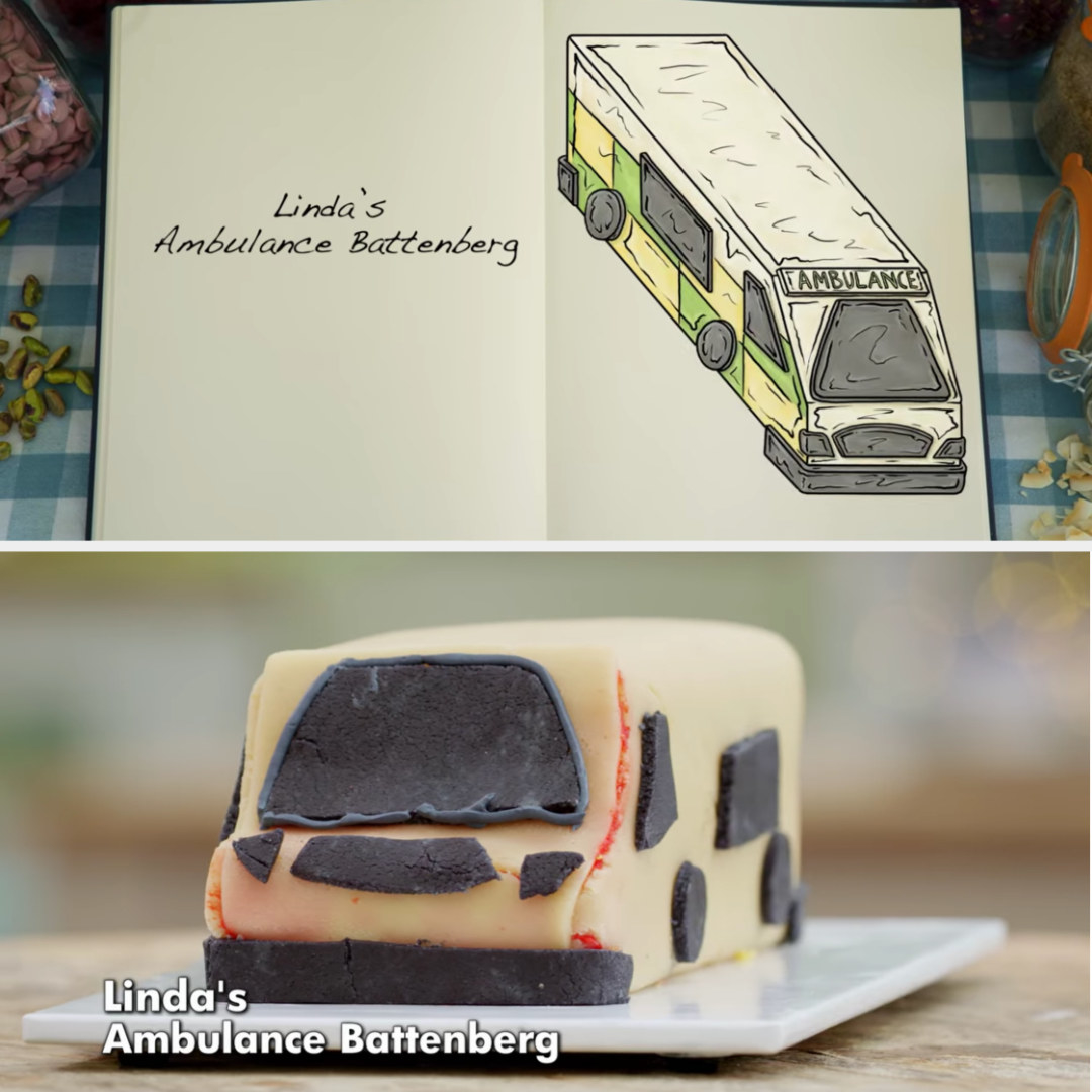 A drawing of Linda&#x27;s Battenberg meant to look like an ambulance side-by-side with her finished product