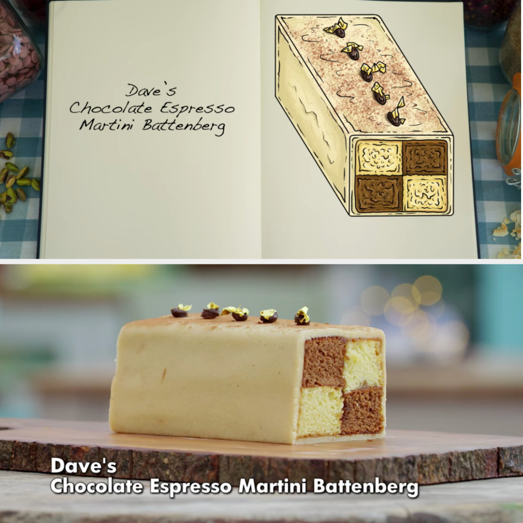 A drawing of Dave&#x27;s Espresso Martini Battenberg side-by-side with his finished product