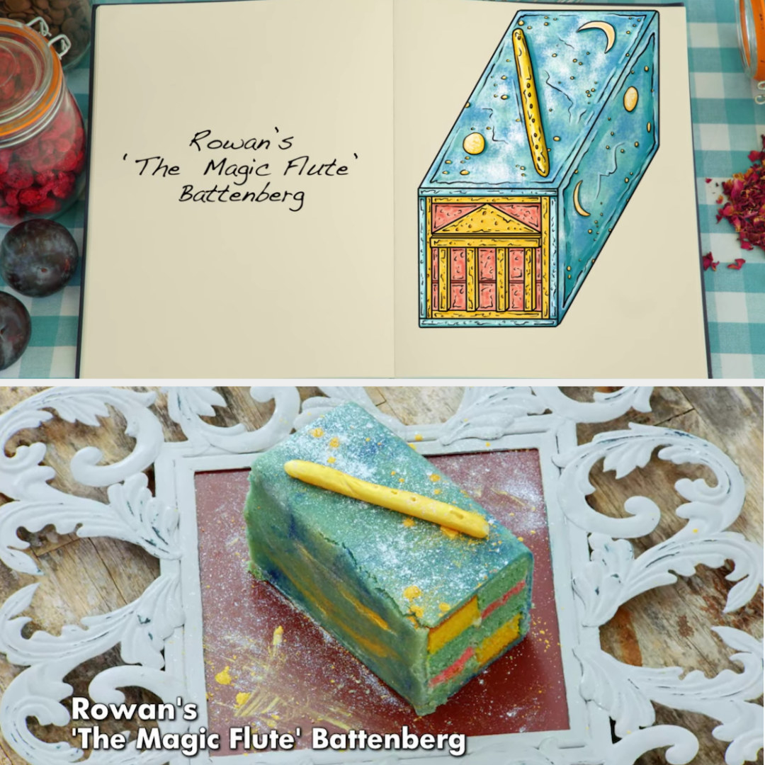 A drawing of Rowan&#x27;s sparkling battenberg based on The Magic Flute side-by-side with his finished product, which didn&#x27;t have the tower details on the inside that he intended