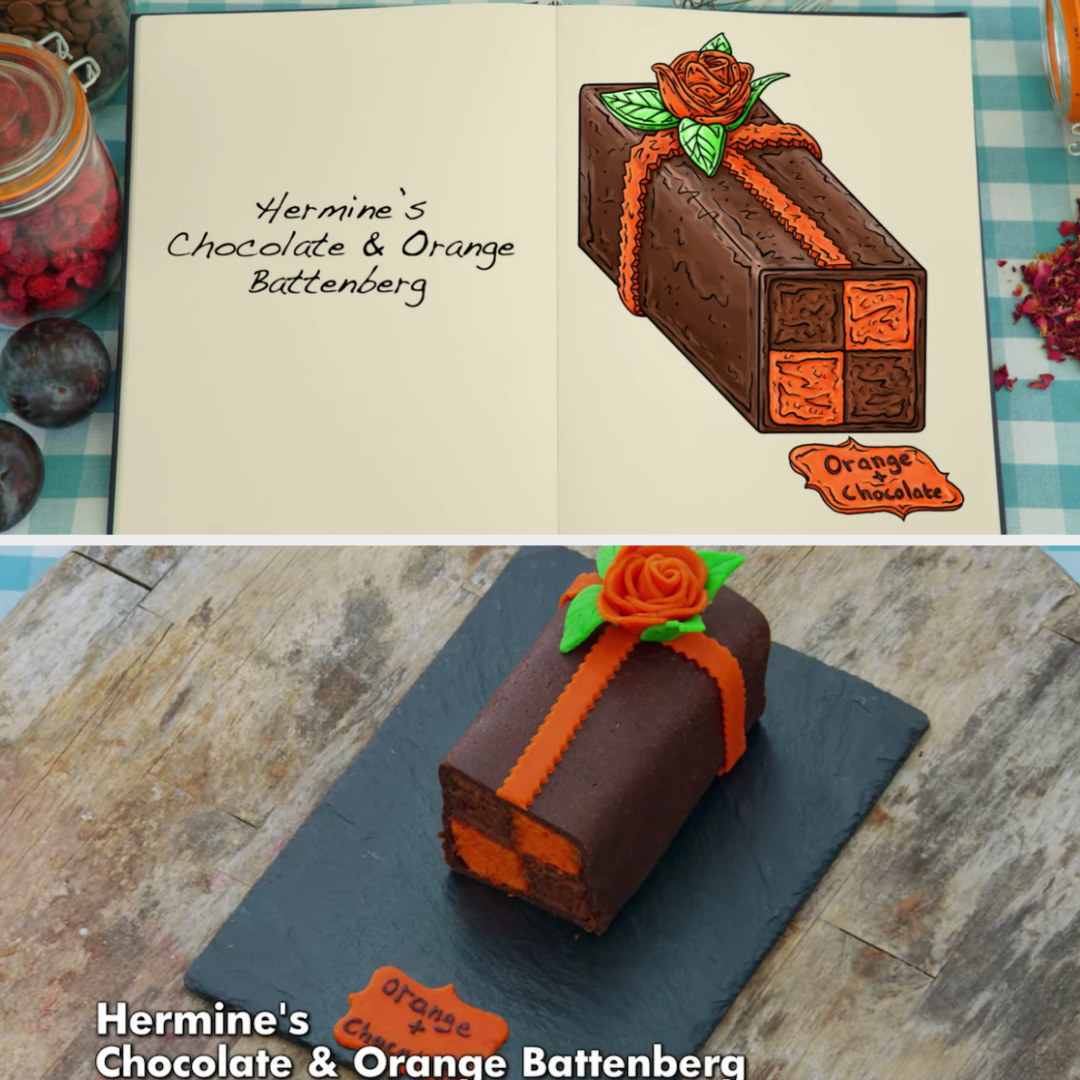 A drawing of Hermine&#x27;s chocolate and orange Battenberg, with a piped flower side-by-side with her finished product