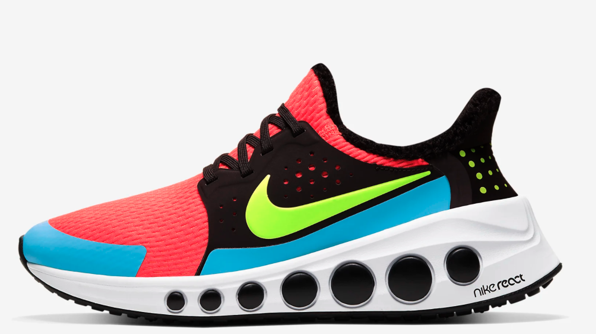 The sneakers in black, bright red, neon green, and aqua