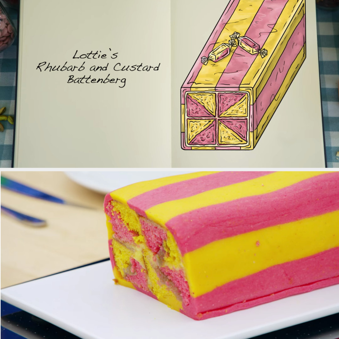 A drawing of Lottie&#x27;s bright pink and yellow rhubarb and custard Battenberg side-by-side with her finished product