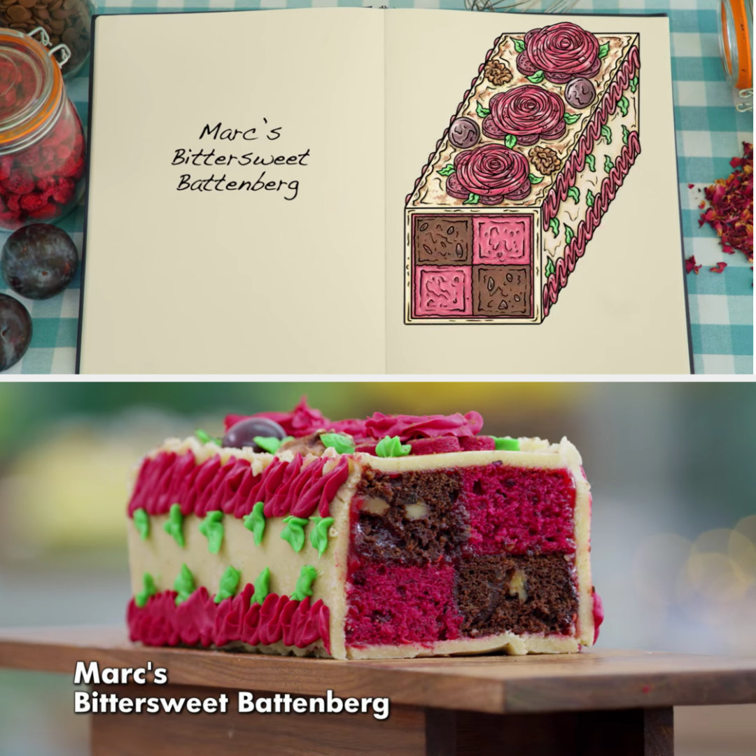 A drawing of Marc&#x27;s bittersweet Battenberg with sour cherry and chocolate and walnut sponge decorated in piped flowers side-by-side with his finished product
