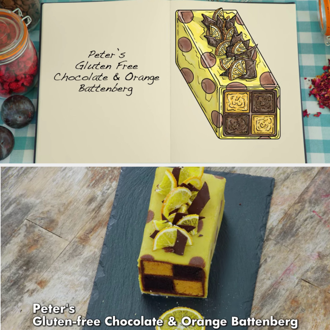 A drawing of Peter&#x27;s gluten-free chocolate and orange battenberg side-by-side with his finished product